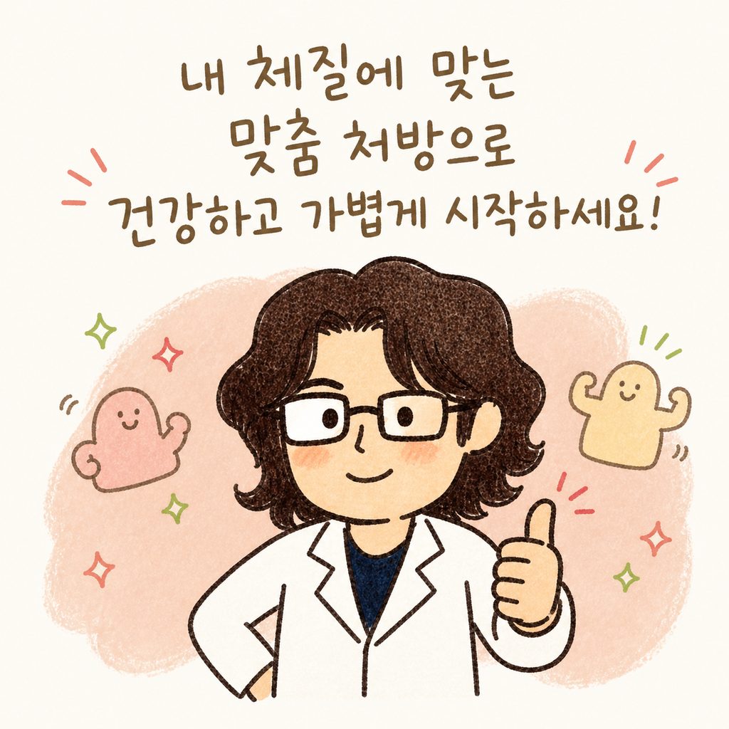 자신감 있고 건강한 모습으로 엄지를 치켜세우고 있는 캐릭터가 내 몸에 맞는 처방의 중요성을 강조하며 마무리하는 컷