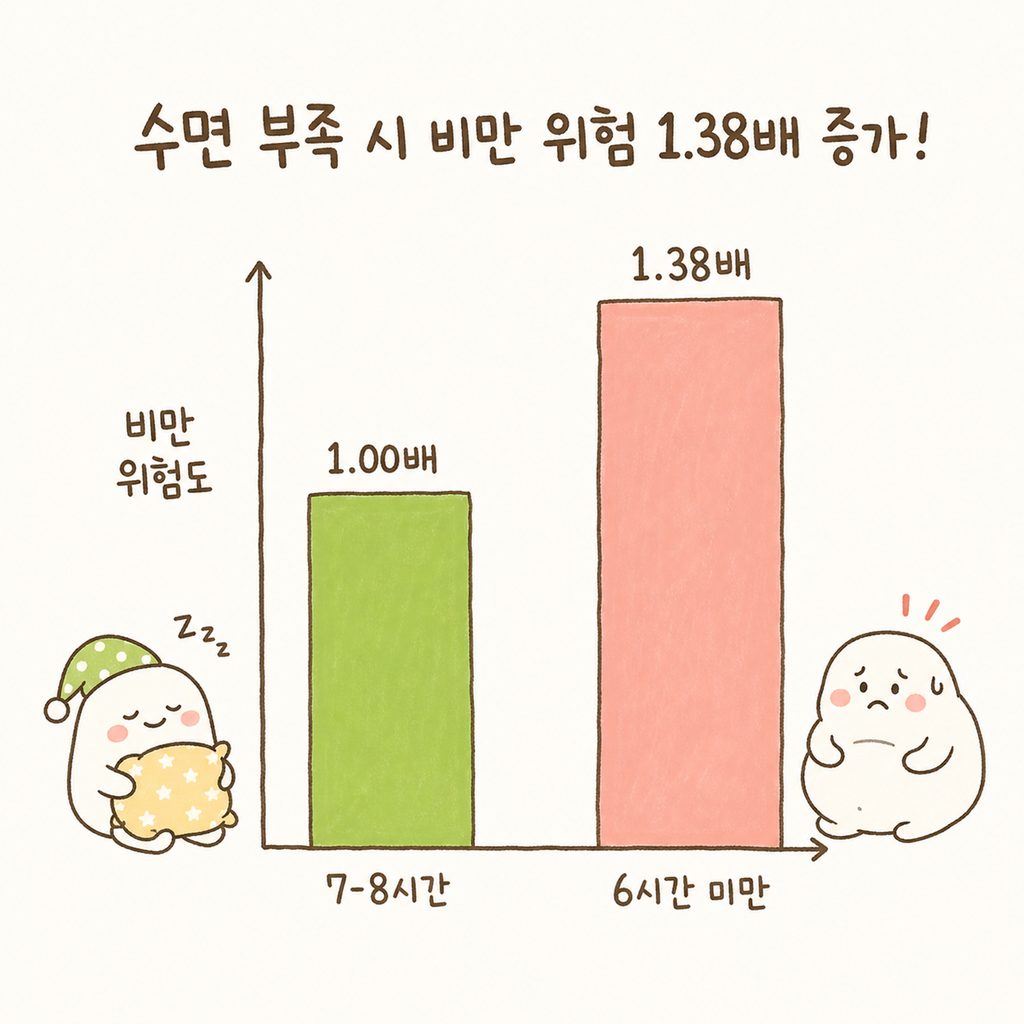 수면 시간과 비만 위험도의 상관관계를 나타내는 단순한 막대 그래프. 7-8시간 수면 그룹 대비 6시간 미만 그룹의 위험도가 1.38배 높게 표시됨