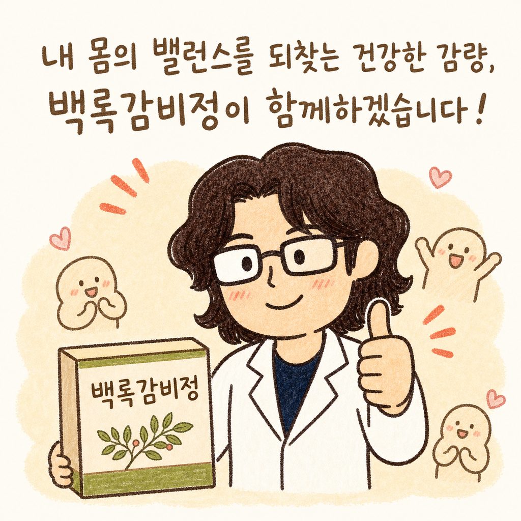 한의사 캐릭터가 따뜻하게 웃으며 엄지손가락을 치켜세우고, 옆에는 '백록감비정' 패키지가 작게 그려진 마무리 컷