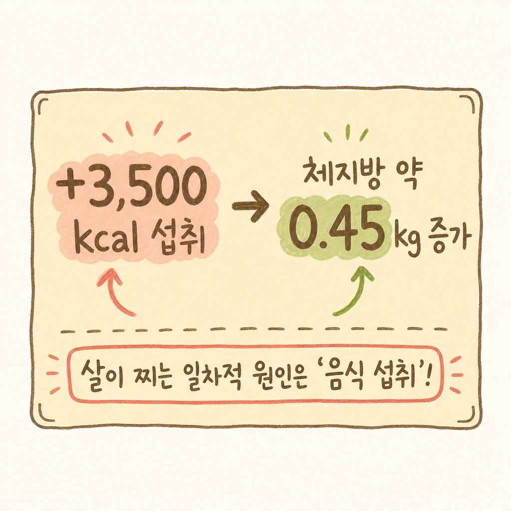 체내 지방 증가 원리를 설명하는 계산 박스. 칼로리와 지방 무게의 관계를 수식 형태로 명확하게 시각화