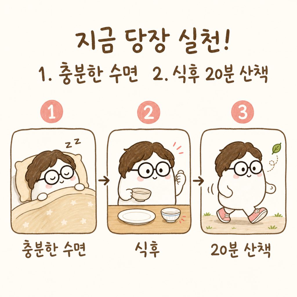 캐릭터가 실천하는 두 가지 습관 시퀀스: 1단계는 푹 자는 모습, 2단계는 식후 가볍게 산책하는 모습