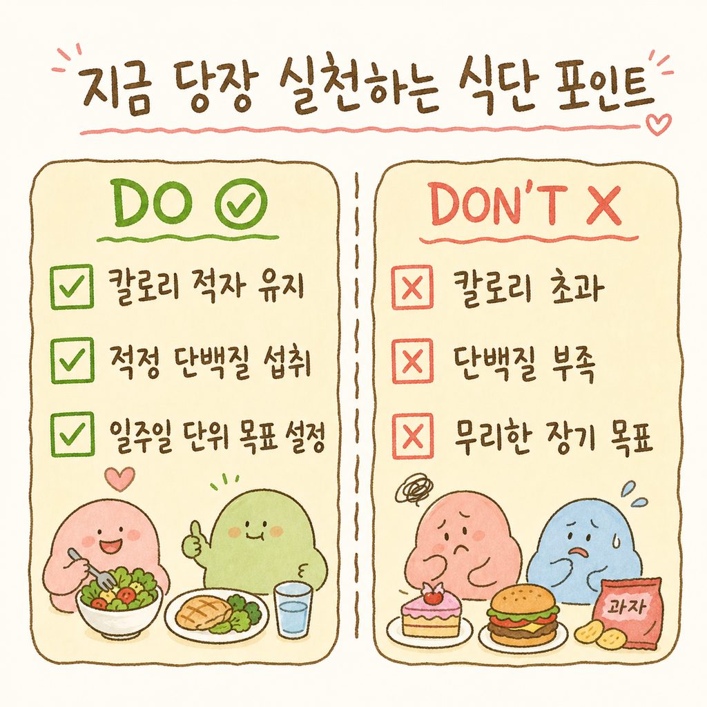 체중 감량을 위한 핵심 식단 체크리스트. 1. 칼로리 적자 유지, 2. 체중 1kg당 단백질 섭취, 3. 일주일 단위 작은 성공 설정 3가지 항목