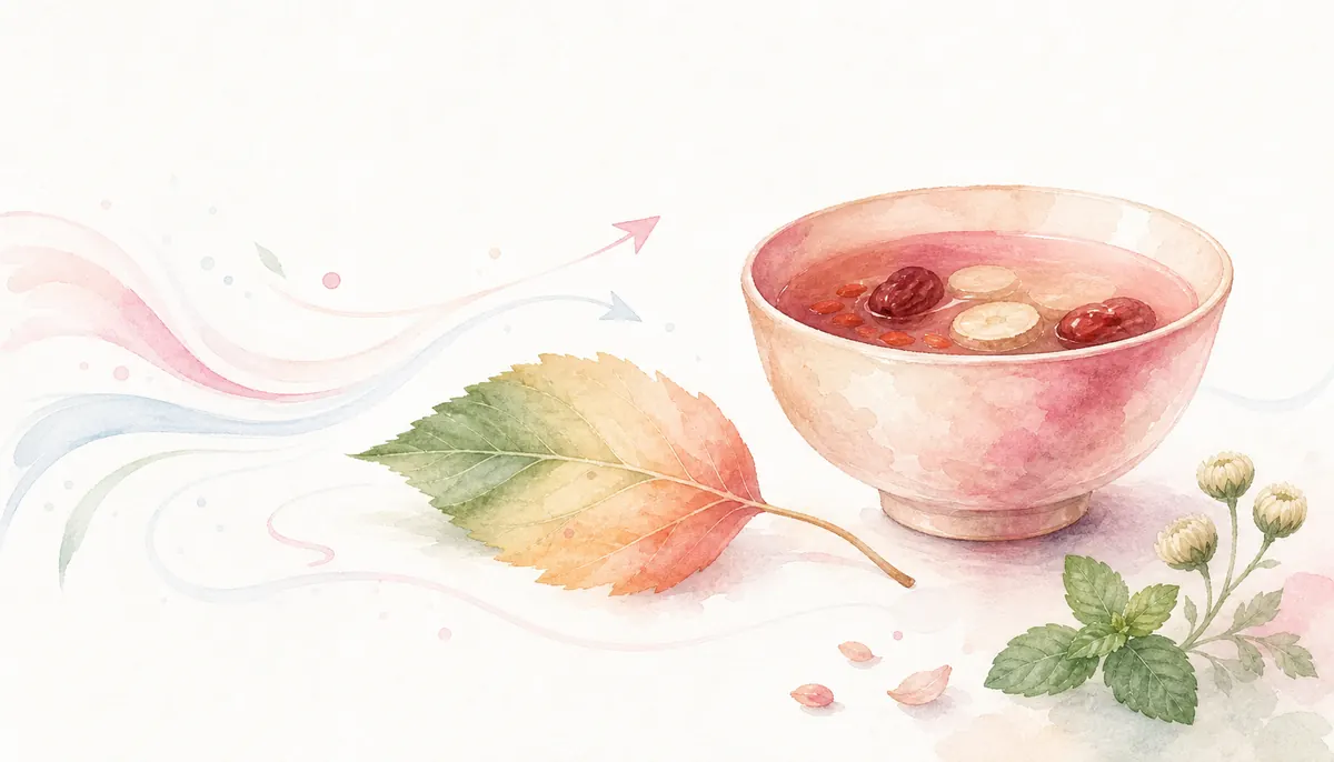 환절기 보약 한방 치료 — 환절기 기력 회복을 위한 한약재와 따뜻한 한방차 이미지