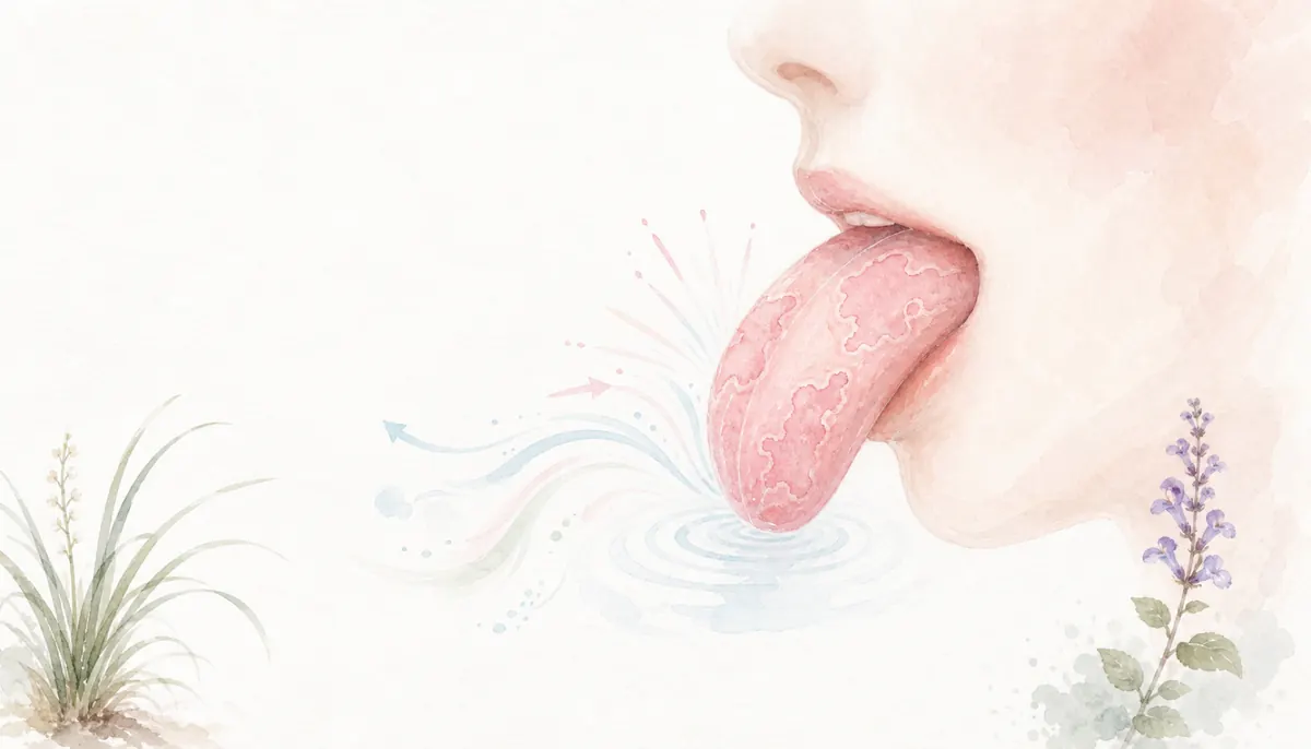 지도처럼 위치가 달라지는 혀 반점과 음식 자극 기록을 함께 살피는 진료 장면