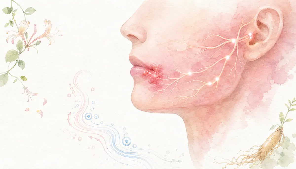 단순포진 병변의 위치와 재발 기록, 검사 결과를 함께 살피는 상담 장면