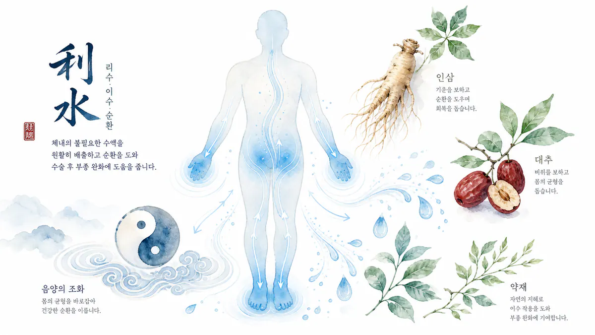수술 후 부종 — 정체된 체액 순환과 부기 회복을 돕는 한방 회복 이미지