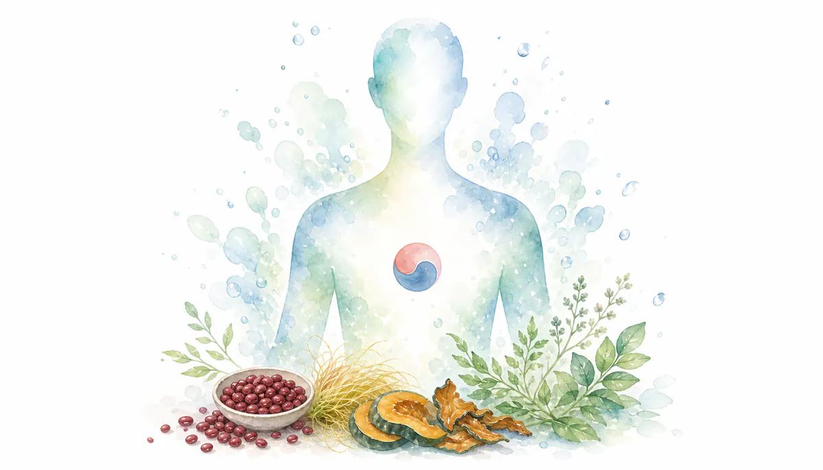 얼굴·전신 붓기 — 비·신을 보해 정체된 수습이 빠지고 몸이 가벼워지는 것을 표현한 한방 이미지