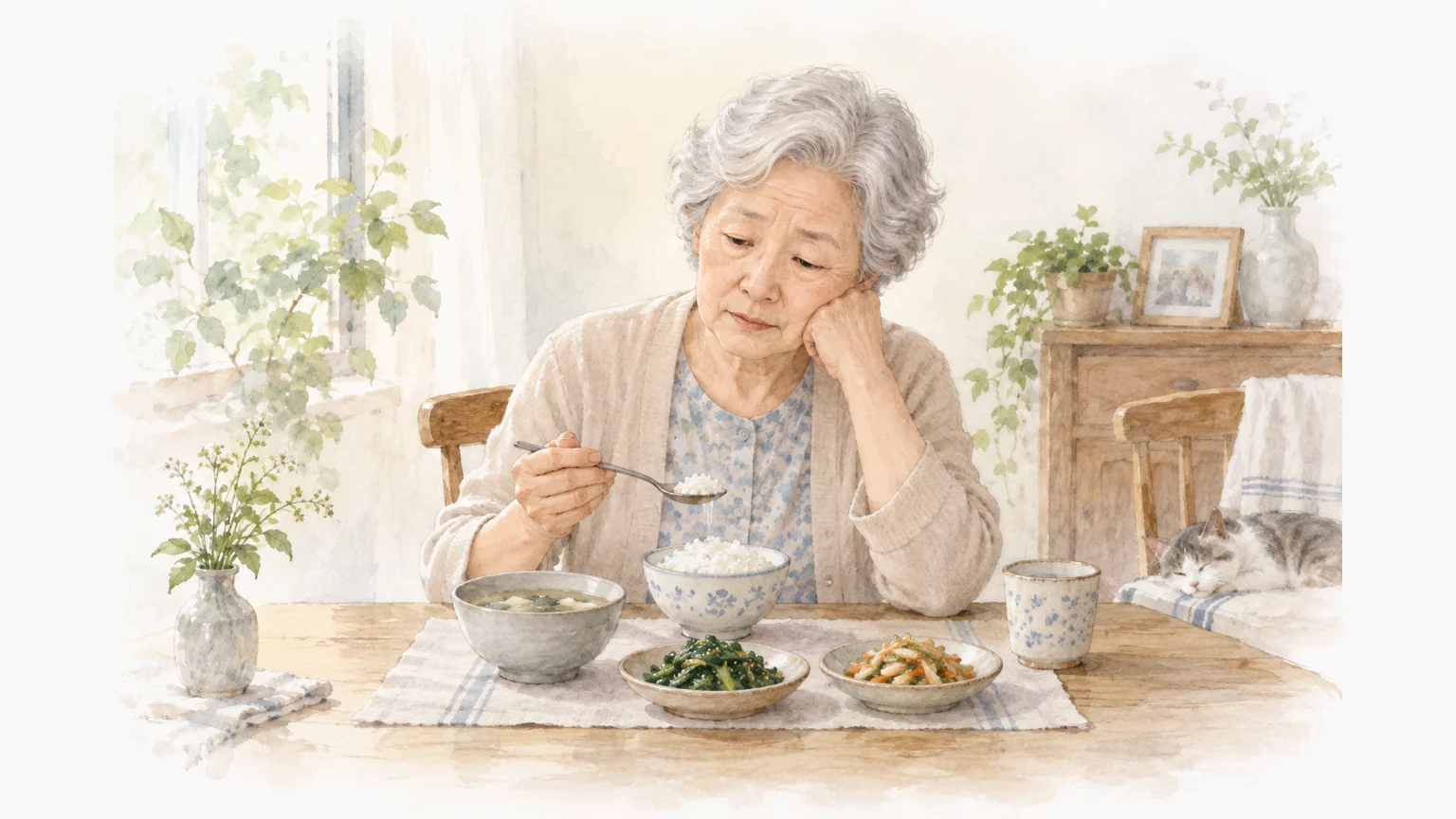 식탁 앞에서 식사를 망설이는 어르신을 그린 수채화